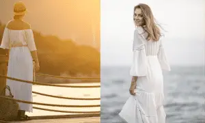 Two women at the lake with comfortable white maxi dresses
