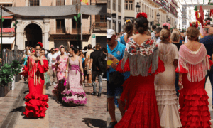 Women wearing French dresses in a festival